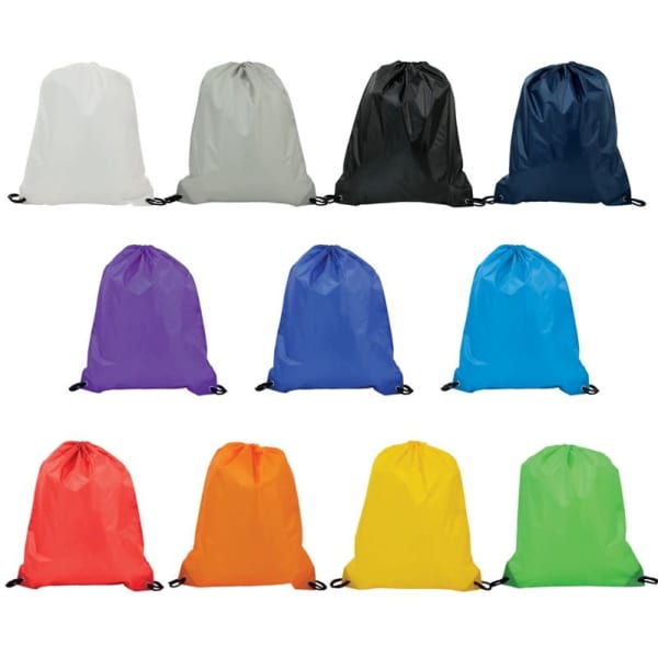 A collection of drawstring bags in white, grey, black, purple, blue, turquoise, red, orange, yellow, and green. Each bag has a logo.