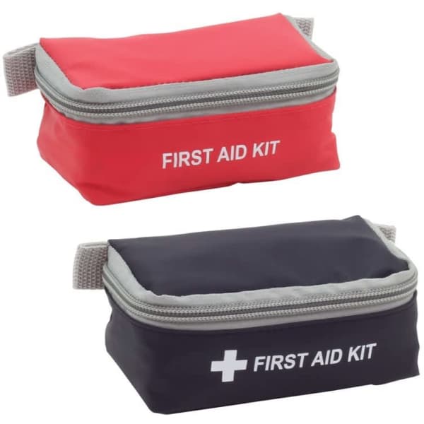 A red and black mini first aid kit with a zip closure, featuring a logo on each bag.