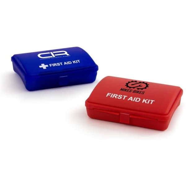 Two first aid kits in blue and red, each with a distinct logo on the front.