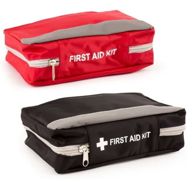 Two first aid kits in red and black, featuring zippers and a cross emblem, with a logo on the front.
