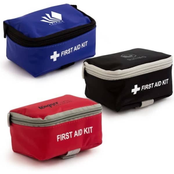 Three first aid kits in blue, red, and black, each with a zippered closure and a logo on the front.