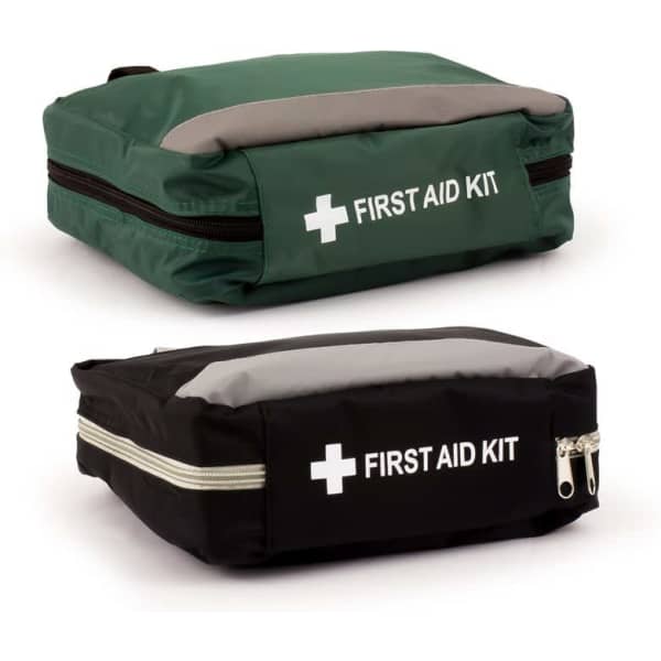 A green and a black first aid kit bag, both with grey accents and a logo, displayed side by side.