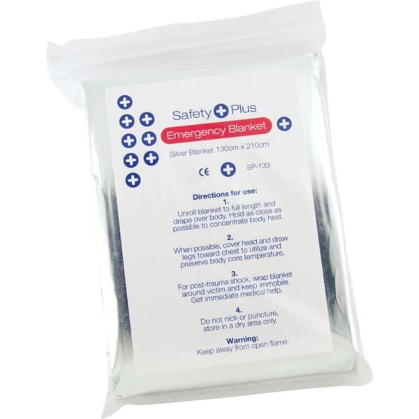 A silver emergency blanket in a clear packaging, featuring safety instructions on the back.