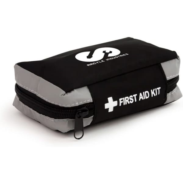 A compact black and grey first aid kit with a zipper, featuring a logo and a first aid symbol.