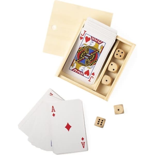 A wooden box containing playing cards, dice, and three wooden cubes, featuring a red and blue design.