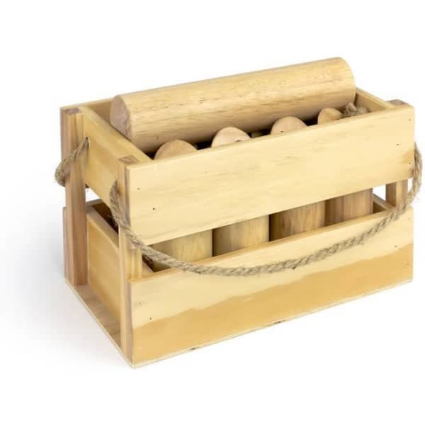 A wooden outdoor game set in a crate, featuring a large cylinder and several smaller wooden pieces, all in natural wood colour.