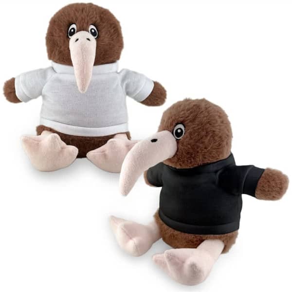 Two Kiwi plush toys in brown, wearing white and black shirts, with pink feet and beaks, and eyes.