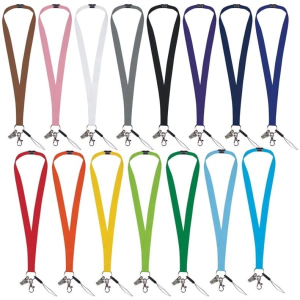 A collection of lanyards in various colours including pink, white, grey, black, navy, brown, orange, yellow, and green, each with a clip.