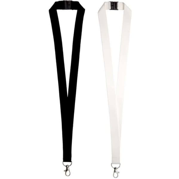 Two Bamboo lanyards in black and white, featuring clips for attachment and a simple design.