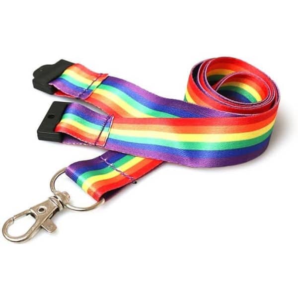 A rainbow lanyard featuring vibrant red, orange, yellow, green, blue, and purple stripes, with a clip attachment.
