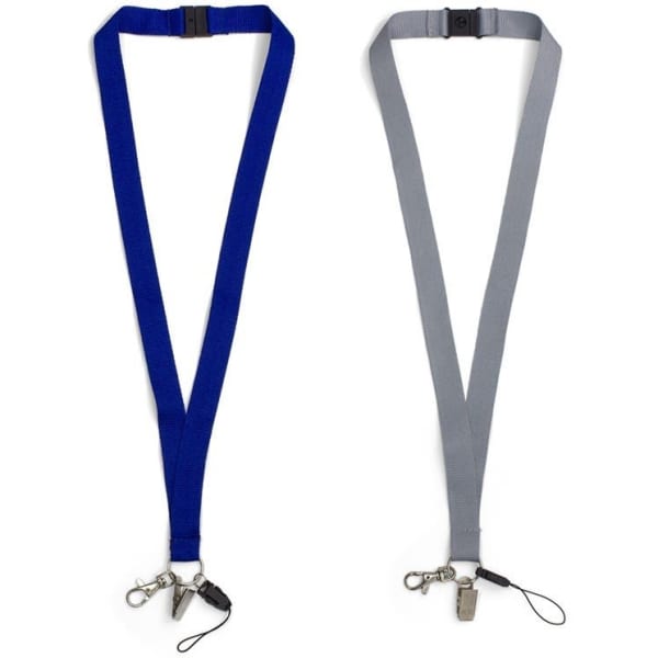 Two polyester lanyards are displayed, one in navy blue and the other in grey, each with a clip and small attachment.