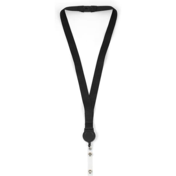 A black retractable lanyard with a clear badge holder at the end and a fastening clip.