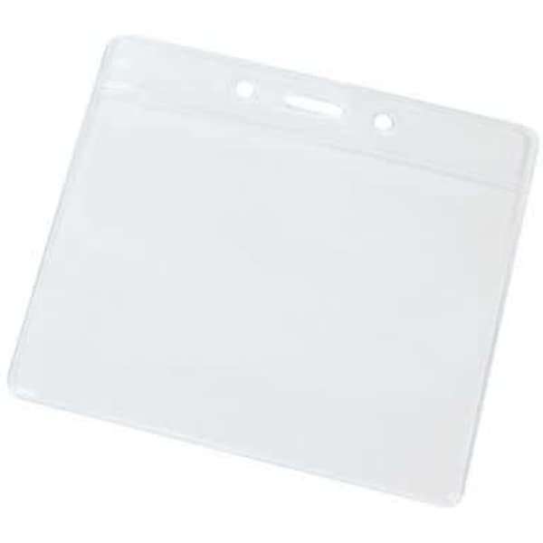 A small, clear PVC card holder featuring two slots for attachment. The design is simple and transparent.