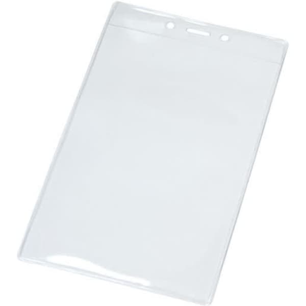 A large clear PVC card holder featuring a slot for hanging or attachment. Ideal for various card sizes.