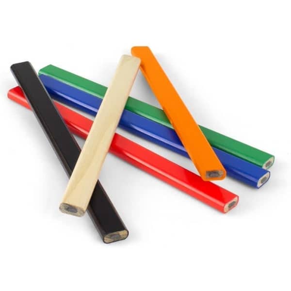A group of five Measuremate pencils in red, black, green, orange, and yellow arranged together.