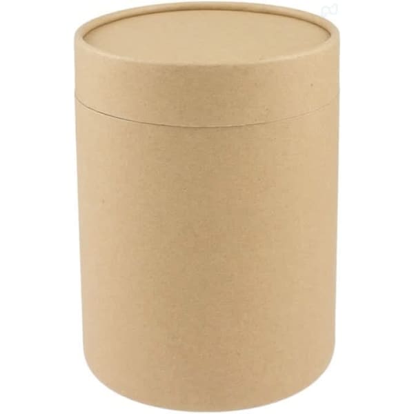 A cylindrical gift box in natural brown cardboard with a removable lid. Features a simple, unadorned design.