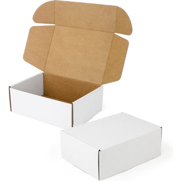 A small gift box featuring a white exterior and a brown interior, displayed with the lid open.