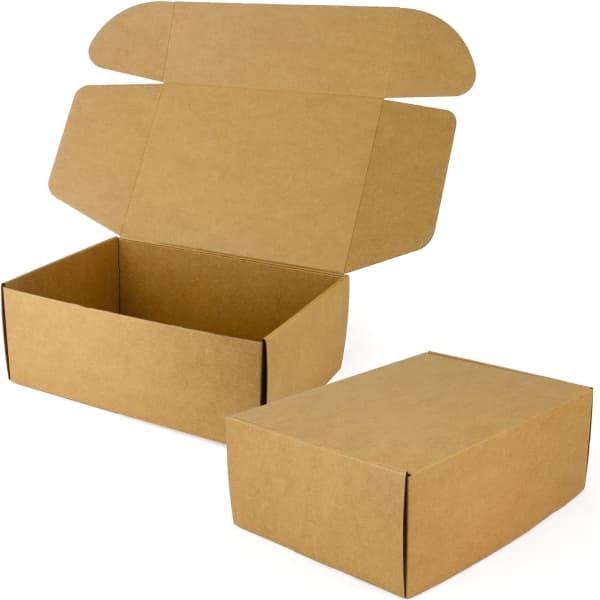 A large E-Flute gift box in brown, featuring a flat design with an open and closed version displayed.