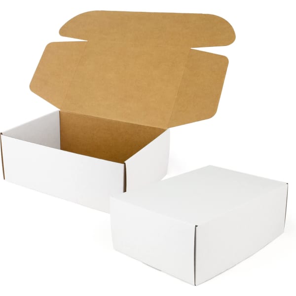 A large E-Flute gift box in white and brown, featuring an open top and a sturdy design. It has a logo.