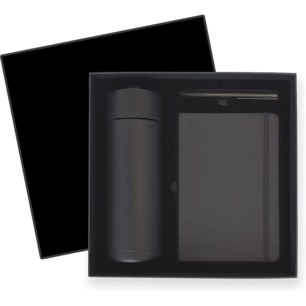 A black gift box set containing a drink bottle, notebook, and pen, all in a sleek, matching design.