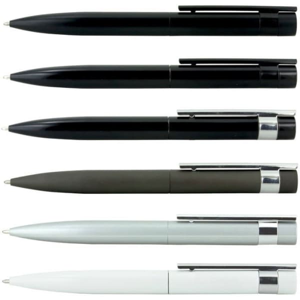 A selection of six pens in black, grey, and white, featuring various designs and a logo on some.