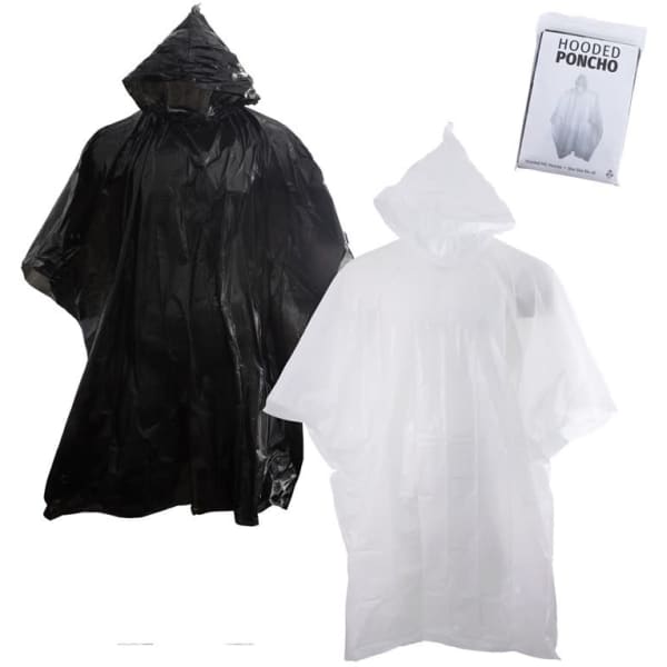 Two hooded ponchos in black and white, displayed alongside their packaging. Each poncho has a hood.
