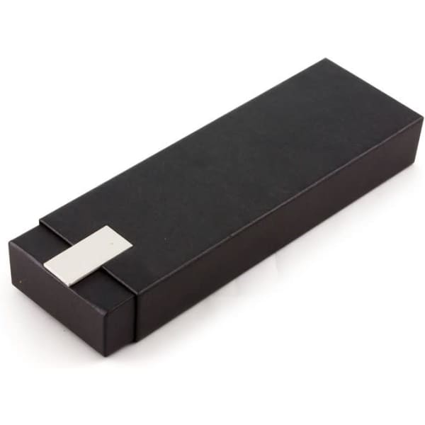 A sleek black pen box with a silver accent and a minimalist design. It features a logo on the surface.