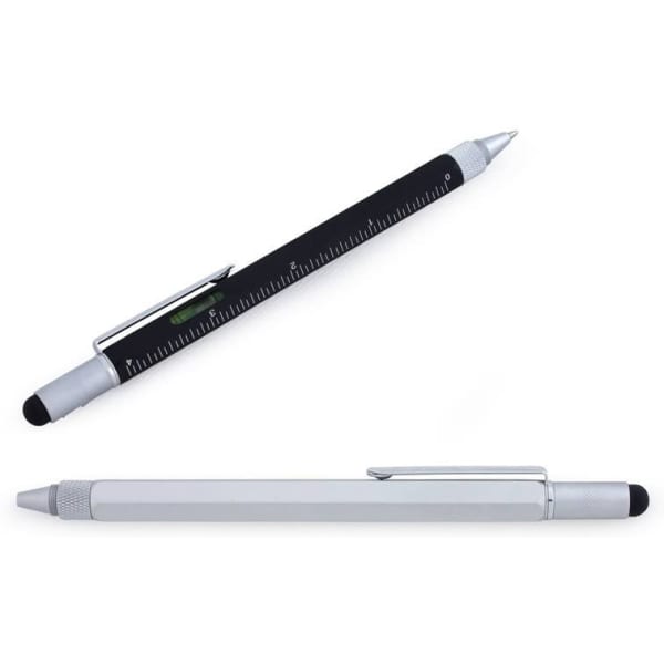 A hexagonal metal pen in black and silver with a ruler and stylus feature, incorporating a logo.