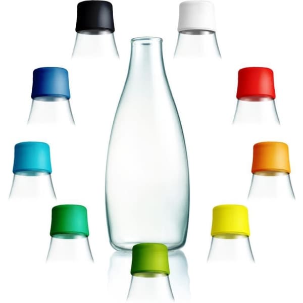 A drink bottle with a clear glass body and a selection of colourful caps in various shades arranged around it.