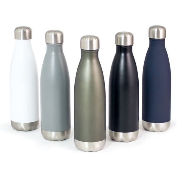 A drink bottle collection featuring five 500ml thermos bottles in white, grey, olive, black, and navy, with stainless steel caps.