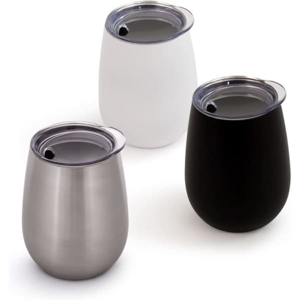 A drink bottle set featuring three cups in stainless steel, white, and black with clear lids. Each has a sleek, modern design.
