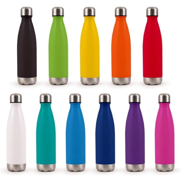 A drink bottle collection featuring various colours: black, green, yellow, orange, red, white, turquoise, blue, purple, and pink, with metallic lids.