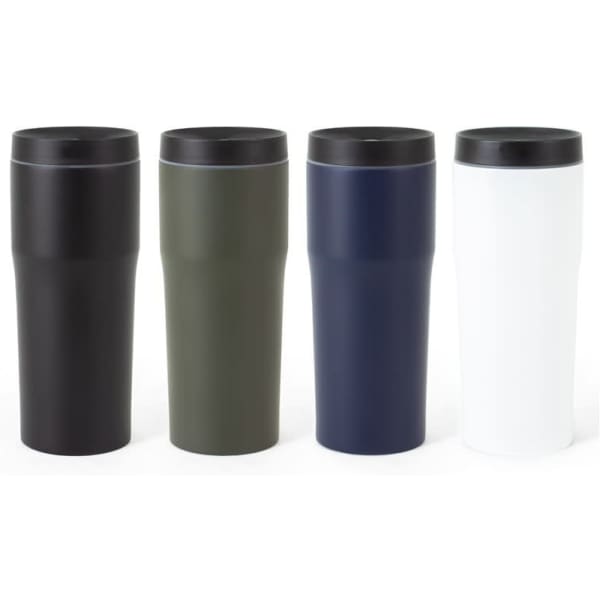 A drink bottle set featuring four vacuum tumblers in black, olive green, navy blue, and white, each with a black lid.