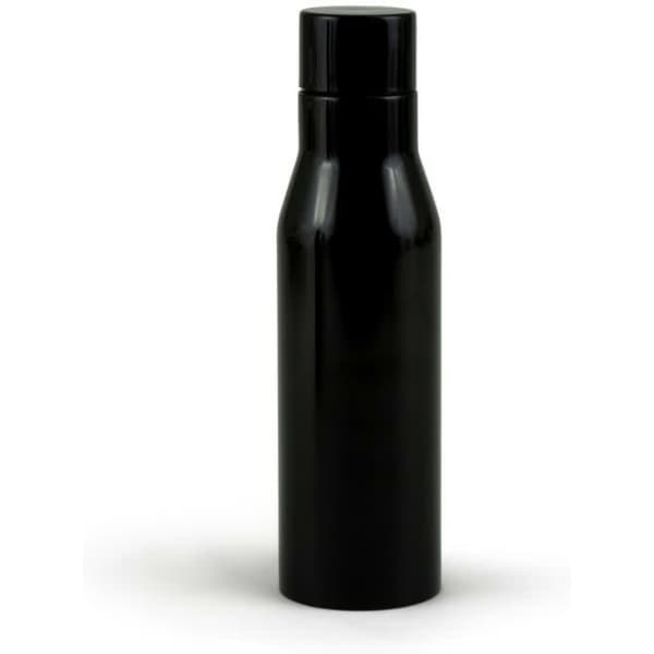 A drink bottle in sleek black with a tapered shape and a screw-top lid, featuring a logo.