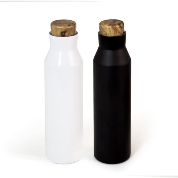 A drink bottle set featuring a white and a black thermos, each with a wooden-style cap and a sleek design.