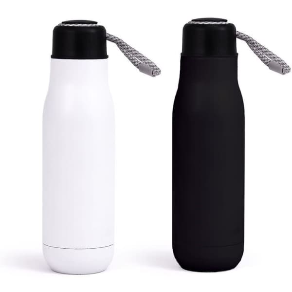 A drink bottle featuring a sleek design available in white and black, with a grip handle and a logo.