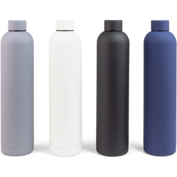 A drink bottle collection featuring grey, white, black, and navy blue designs. Each bottle has a sleek, modern look and a logo.