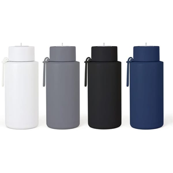 A drink bottle set featuring four colours: white, grey, black, and navy, each with a lid and handle.