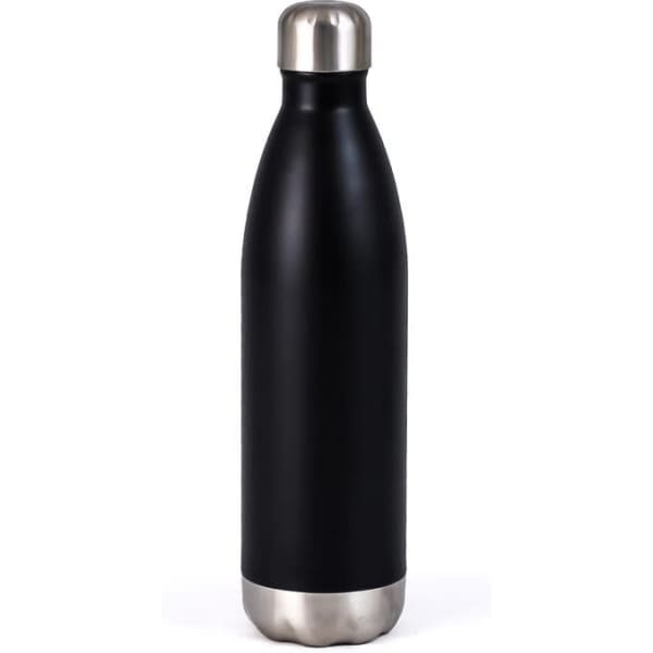 A drink bottle in matte black with a stainless steel base and cap, featuring a logo. Holds 750ml.