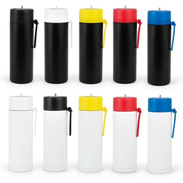 A drink bottle collection featuring black, white, red, and yellow options with a side handle and a logo.