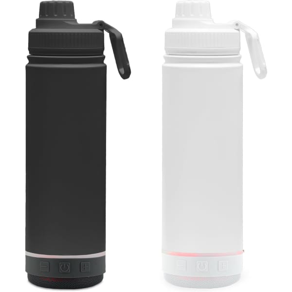 A drink bottle with a sleek design available in black and white, featuring a lid and a logo.