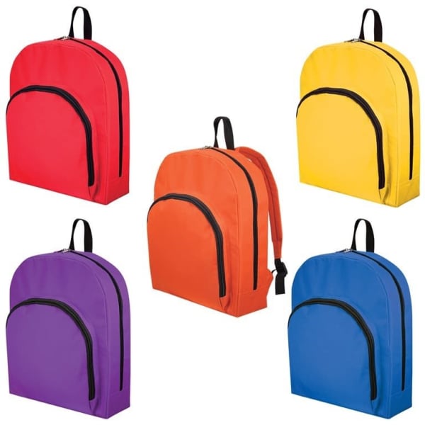 A collection of five backpacks in red, yellow, orange, purple, and blue, each with a front pocket and a branded logo.