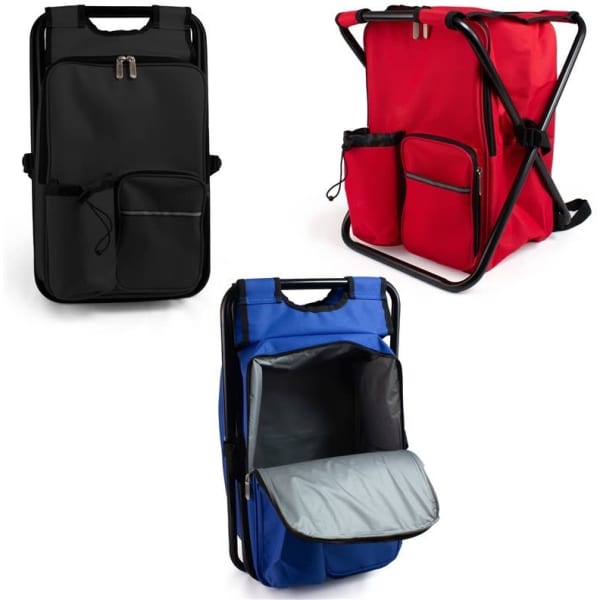 Three cooler backpacks in black, red, and blue, featuring zippered pockets and sturdy handles. Each has a logo.
