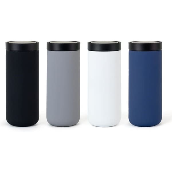 A drink bottle set featuring four tumblers in black, grey, white, and navy with contrasting black lids and a logo.