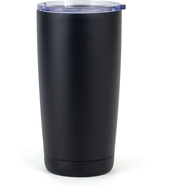 A drink bottle in matte black with a clear lid, featuring a simple design and a branding logo.