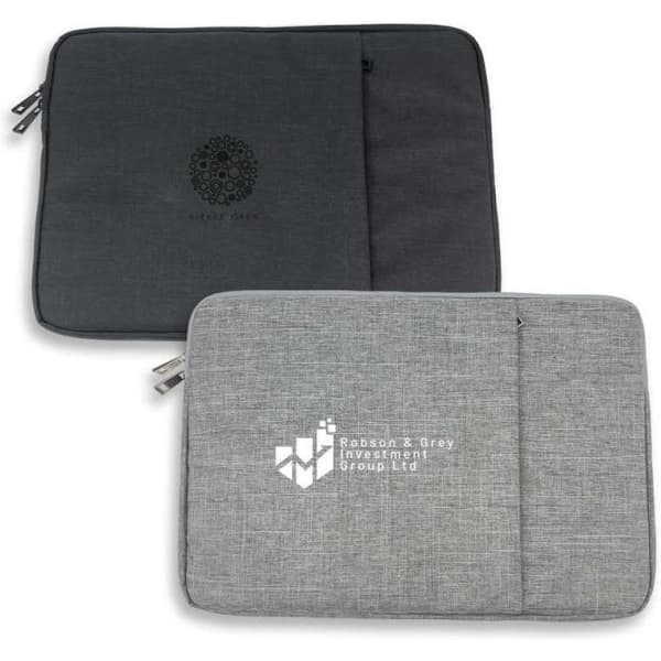 A grey and dark grey laptop sleeve features a logo. It has zip closures and a sleek design.
