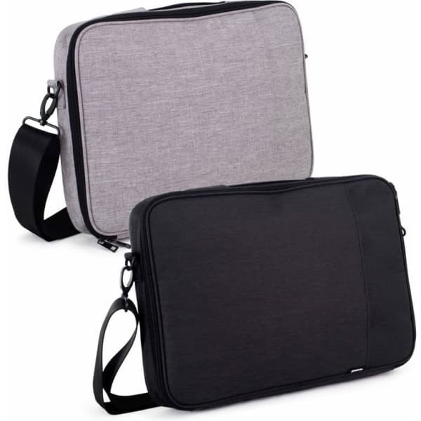 A laptop bag set featuring one grey and one black bag, each with adjustable straps and zippers.
