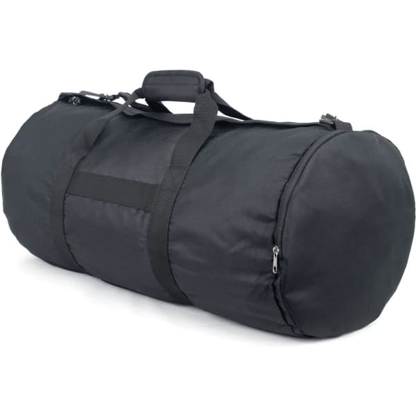 A black foldable duffle bag with a zip closure and carrying handles, featuring a logo.