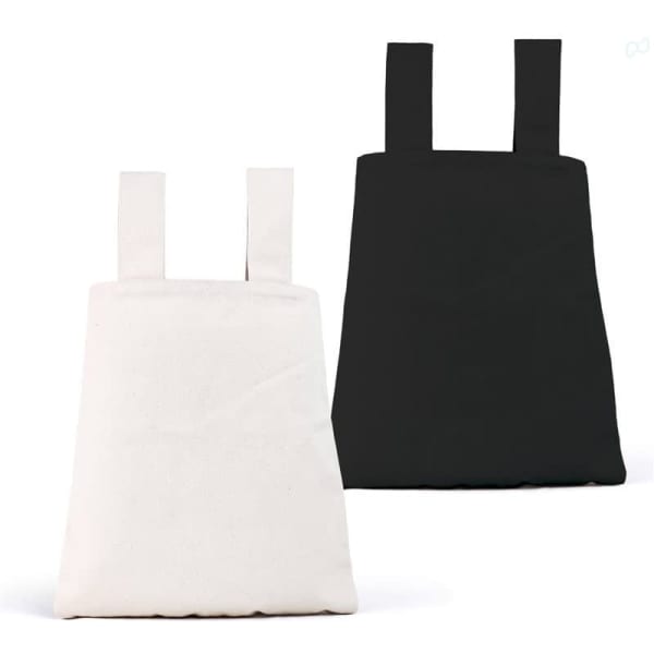 A white tote bag and a black tote bag with two handles, both featuring a simple design and a logo.