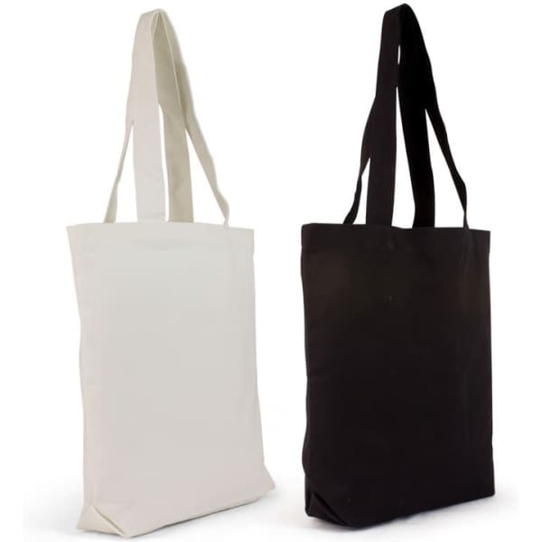 A canvas tote bag set featuring one white bag and one black bag, each with long handles.